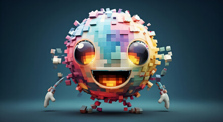 Cheerful pixelated robot sphere smiling brightly with glowing body patterns enhanced by synaptic pixel abstract overlay in futuristic digital art style