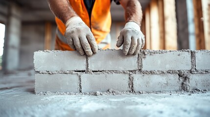 Construction worker carefully placing a brick