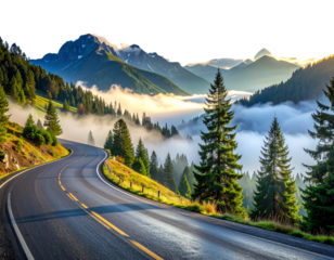Curved Asphalt Road Winding Through Foggy Mountain Landscape isolated on transparent background PNG