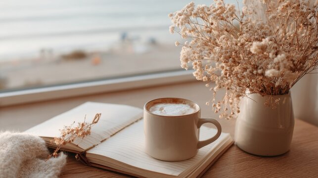 Fototapeta A warm cup of coffee sits beside an open notebook, with dried flowers in a vase nearby. The beach and ocean can be seen through a window, lit by soft morning light.