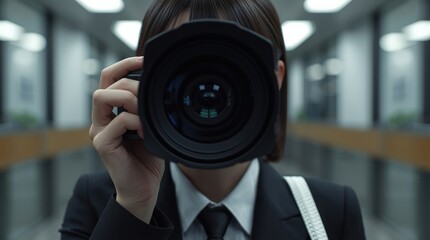 Professional photographer capturing an image in a modern office hallway with blurred background