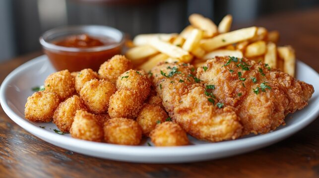 Crispy fried fish, golden tater tots, and french fries on a white plate, with a side of dipping sauce