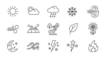 Obraz premium A versatile set of weather and nature line icons, a minimalist graphic concept illustrating natural elements like sun, wind, and rain