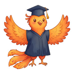 Cheerful Orange Bird in Graduation Gown on Transparent Background Illustration