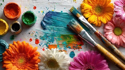 Paintbrushes with flowers and colorful jars creative flatlay