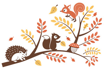 Charming fall animal pattern with squirrels and hedgehogs