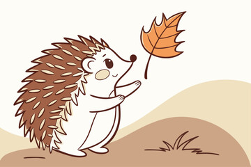 Cute minimalist hedgehog holding a small autumn leaf in vector art