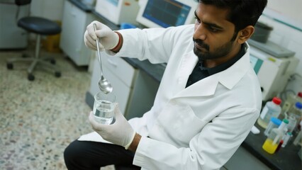 Indian lab technician measuring samples for experiment process