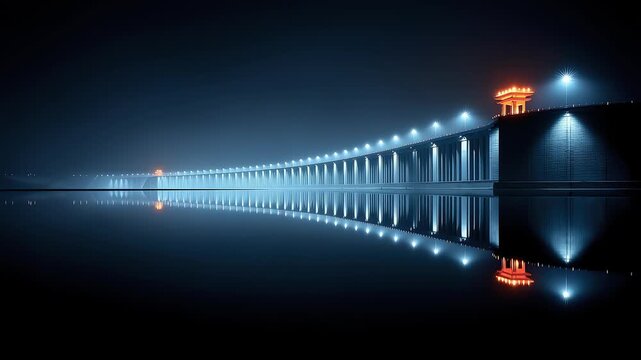 The dam under the night sky is brightly lit with picturesque reflections