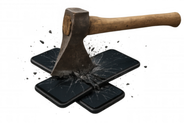 Rusty vintage axe smashing contemporary smartphones, symbolizing digital detox, technological conflict, frustration release