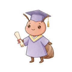 Cartoon Ant Graduate in Purple Gown Holding Diploma on Transparent Background