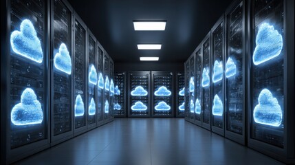 Fototapeta premium A darkened data center showcases rows of servers, each adorned with glowing cloud symbols, creating a futuristic atmosphere filled with technology.