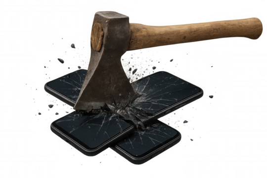 Rusty vintage axe smashing contemporary smartphones, symbolizing digital detox, technological conflict, frustration release