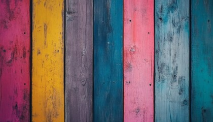 The image shows multiple vertical wooden planks painted in assorted colors, including pink, teal, purple, and yellow, exhibiting a rustic appearance.