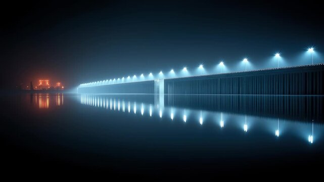 The port bridge under the night is brightly lit with picturesque reflections