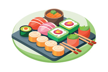 Isometric Sushi Platter Assortment featuring Nigiri Sushi, Maki Sushi, and Soy Sauce alongside Decorative Greenery served on a Dark Rectangular Tray