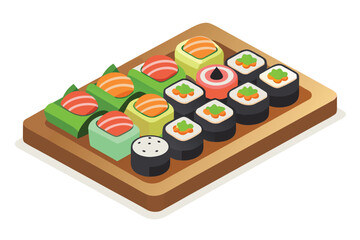 Isometric Sushi Platter Assortment featuring Nigiri Sushi, Maki Sushi, and Soy Sauce alongside Decorative Greenery served on a Dark Rectangular Tray