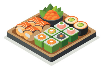Isometric Sushi Platter Assortment featuring Nigiri Sushi, Maki Sushi, and Soy Sauce alongside Decorative Greenery served on a Dark Rectangular Tray