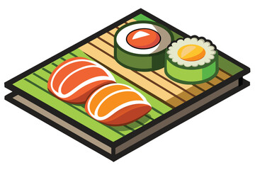 Isometric Sushi Platter Assortment featuring Nigiri Sushi, Maki Sushi, and Soy Sauce alongside Decorative Greenery served on a Dark Rectangular Tray