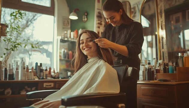 A female stylist is carefully working on a client's hair in a well-lit hair salon setting.