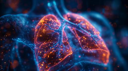 3D Illustration of Human Lungs with Glowing Network