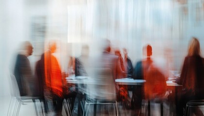 The photograph shows several individuals gathered for a meeting, their forms slightly obscured by motion blur, seated around a table in a brightly lit room.