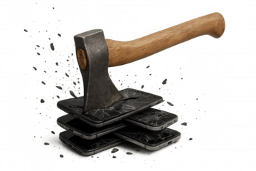 Axe striking down on a stack of mobile phones, shattering glass fragments scattering across a transparent background, symbolizing destruction