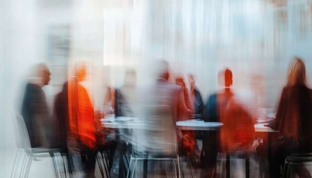 The photograph shows several individuals gathered for a meeting, their forms slightly obscured by motion blur, seated around a table in a brightly lit room.