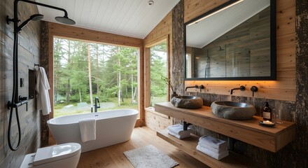 Obraz premium Serene bathroom sanctuary with a soaking tub and double vanity offering a tranquil forest view through a panoramic window