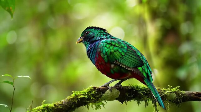 Vibrant Green and Red Quetzal Perched on Mossy Branch in Lush Rainforest