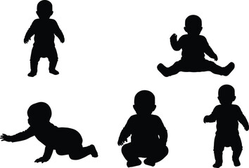 Baby silhouettes, multiple poses, crawling, sitting, standing, black vector set, infant movement, toddler activity, posture variation, white background,