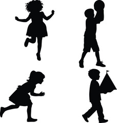 Child silhouette set, playful poses, black vector illustration, running, playing with ball, holding flag, jumping, walking, isolated children, activity theme