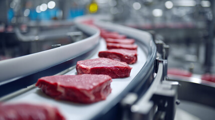 Raw meat on conveyor belt in food processing plant
