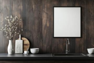 Modern minimalist kitchen interior with empty frames
