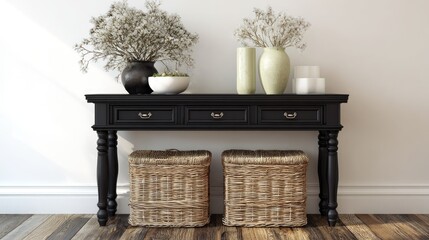 Dark-colored console table with decorative elements.