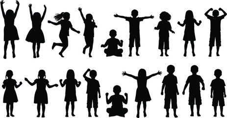 Children silhouette icons, playful poses, standing kids, sitting children, jumping figures, dancing silhouettes, vector illustration, black pictograms, expressive body language,
