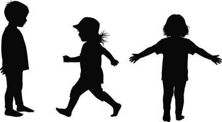 Children silhouette set, black vector, standing, walking, arms outstretched, playful pose, boy and girl, cap, side view, simple illustration, movement
