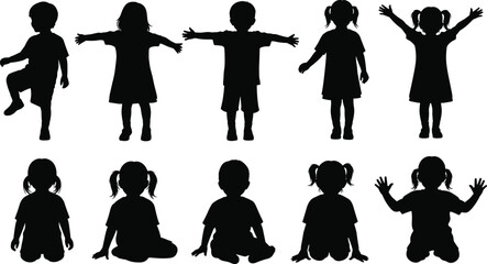Children silhouettes set, black vector, standing and sitting, raised arms, open arms, pigtails, front and back view, playful pose, simple illustration