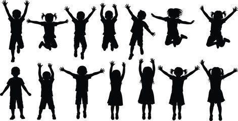 Children silhouette, jumping and standing, black vector, playful poses, group of kids, celebration moment, expressive gesture, active youth, joyful movement,