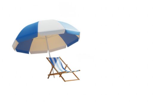 A striped beach chair and a blue and white umbrella are isolated on a transparent background for summer vacation visuals isolated on transparent background