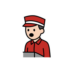 A cartoon-style vector illustration of a worker wearing a red uniform and cap, shown with a surprised or speaking expression. Ideal for promotional, labor-themed campaigns, Independence Day content