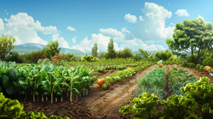 Obraz premium A vibrant vegetable garden under a bright blue sky with fluffy white clouds, showcasing rows of various crops and lush greenery in a serene setting