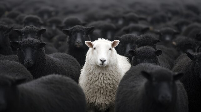 In a foggy field, a single white sheep captures attention while surrounded by a herd of black sheep. The contrast in colors enhances the serene but mysterious atmosphere of the rural setting.