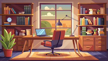 Modern study room with warm wooden shelves, a sleek desk, single leather chair, and a large window framing daylight, designed for focus and inspiration.