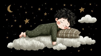 Cute illustration of boy sleeping on cloud with stars