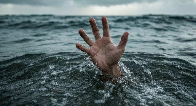 Drowning hand reaching out in choppy water