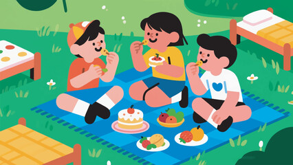 Naklejka premium illustration of a small child eating in the park sitting on the carpet vector design template