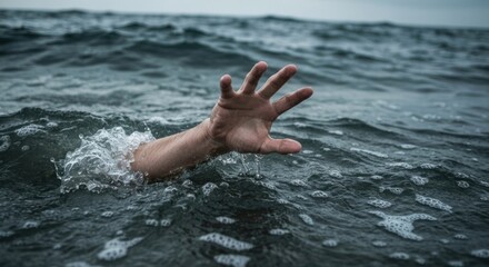 Drowning man's outstretched hand in turbulent water