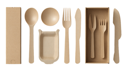 Beige, eco-friendly disposable cutlery and bowls in a cardboard box
