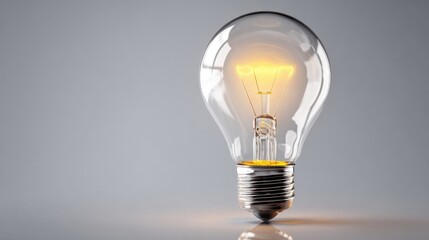 A clear glass light bulb illuminates with a warm glow, placed on a smooth surface in a simple, uncluttered studio environment, showcasing a modern design.